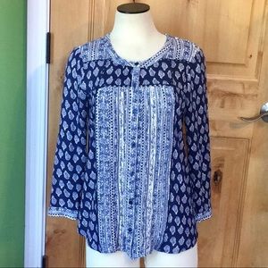 LUCKY BRAND Boho Blue White 3/4-Sleeve TOP EUC XS